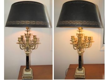 Marble Base & Brass Table Lamp - 2 Lights & 4 Candle Holders - Set Of 2