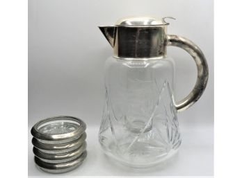 Wes Blackinton 'starburst' GLASS COASTERS SILVER PLATED RIM & Silver Plate Grape/Flower Cut Glass Pitcher