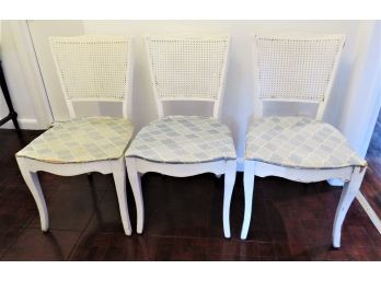 White Cane Back Chairs With Blue Fabric Seat - Set Of 3