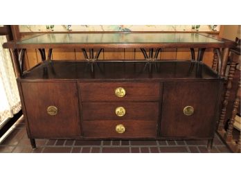 Glass-top Wood Bamboo-style Buffet Storage Table, Vintage