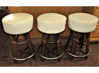 Fabric Covered Swivel Bamboo-style Bar Stools - Set Of 3