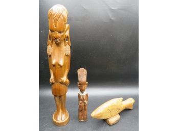 Wood Carved Figurines - Set Of 3