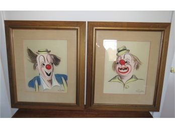 F. Brighton Hand Painted On Satin Clown Framed Paintings - Set Of 2