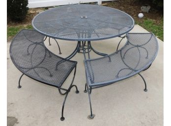 Outdoor Wrought Iron Patio Table With 3 Curved Wrought Iron Benches