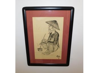 Original Asian Inspired Art Elderly Japanese Man Framed/matted - Artist Signed Beky