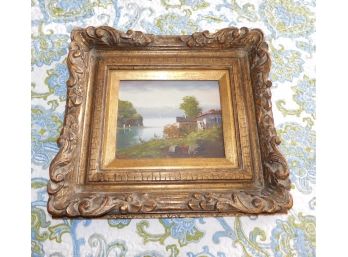 Vintage G. Volpi  Artist Signed Original Oil On Canvas Framed - Lakeside Scene