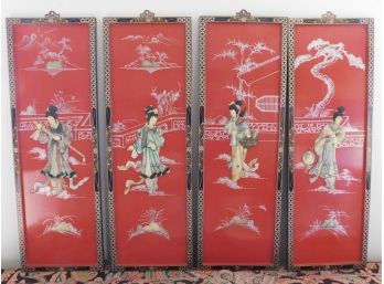 Asian Inspired Faux Mother Of Pearl Wooden Hand-painted Panels - 4 Total