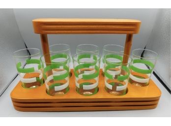 Mid Century Drinking Glasses With Wood Carry Case