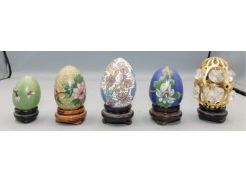 Decorative Asian Inspired Cloisonne Eggs With Wood Stands / 1 Metal Rhinestone Egg - 5 Total