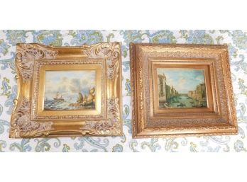 Ornate Wood Framed Boat Scene Oil On Wood Art