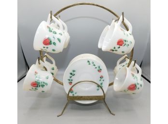 Vintage Hand Painted Milk Glass Demitasse Set With Stand