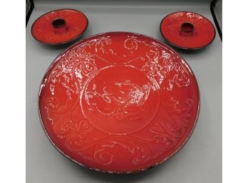 Ceramic Glazed Dragon Pattern Plate With Pair Of Candlestick Holders