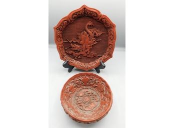 Hand Carved Resin Dragon Pattern Plate And Bowl