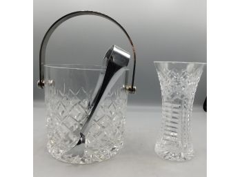 Cut Glass Ice Bucket With Handle And Tongs With Cut Glass Vase