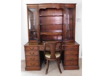 Vintage Leather Top Solid Wood Desk With Glass Cabinet Curio - Key Included / Chair Included