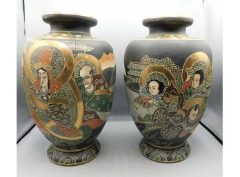 Japanese Inspired Hand Painted Ceramic Vases - 2 Total