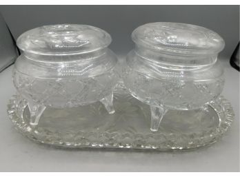 Cut Glass Footed Candy Bowl Set With Tray - 3 Pieces