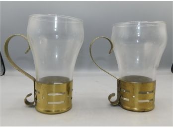 Polished Brass Handle Drinking Glass Set - 4 Total