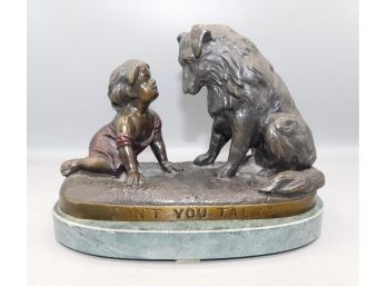 Signed Cant You Talk G. Ferrad Girl Dog Bronze Sculpture