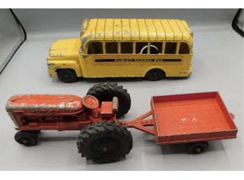 1950s Hubley Metal Tin Toy School Bus With Hubley Tractor And Cart