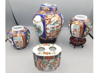 1983 Royal Takahashi Pattern Hand Decorated Asian Inspired Vase Set With Wood Stands - 4 Total