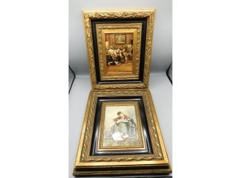 L Byron Oil On Canvas Framed With Santa Claus Print With Gold Gilt Frame & Boy With Dog Writing On Barrel