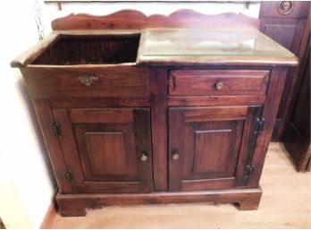 Vintage Solid Wood Dry Sink With Glass Top And Cabinet With Drawer