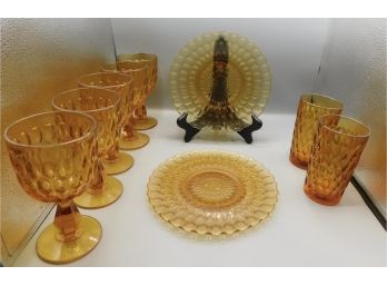 Vintage Amber Glass Tableware Set - 9 Pieces Total