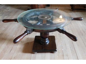 Solid Wood Ships Wheel Glass Top End Table