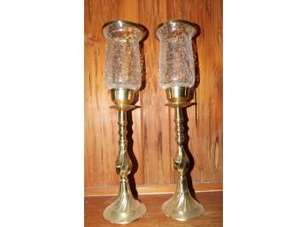 Polished Brass Crackled Glass Style Candlestick Holders - 2 Total