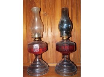 1950s Mid-Century Blue Glass P & A Eagle Oil Lamps - 2 Total