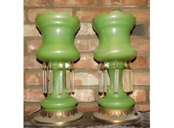 Vintage Jade Green Glass Crystal Prism Table Lamps - 2 Total