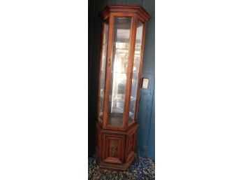 Lighted Wood Curio Cabinet With 3 Glass Shelves And Cabinet