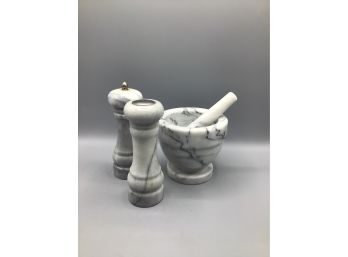 Marble Mortar & Pestle With Salt & Pepper Shakers