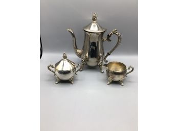 Silver Tone Teapot With Sugar Bowl & Creamer