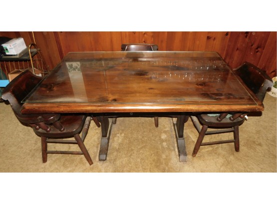 Vintage Solid Wood Tressle Dining Table With Glass Top And 4 Captain Chairs