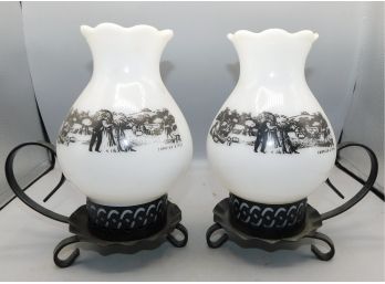 Milk Glass Currier And Ives Pattern Wrought Iron Oil Wick Lamps - 2 Total