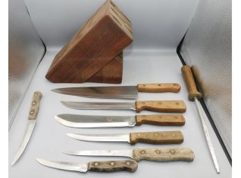 Old Homestead Stainless Steel / Wood Handle Knife Set With Wood Block Holder
