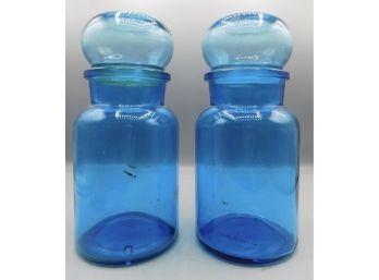 Mid Century Blue Glass Apothecary Storage Jars - Made In Belgium - 2 Total