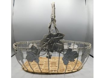 Wrought Iron Leaf Pattern Basket With Wicker Weave