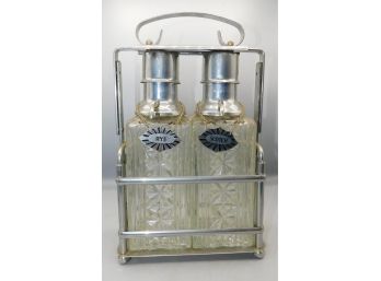 1960s Midcentury Cut Glass Scotch & Rye Decanter Pump Set With Chrome Holder