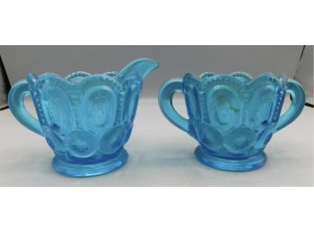 Blue Cut Glass Creamer / Sugar Bowl