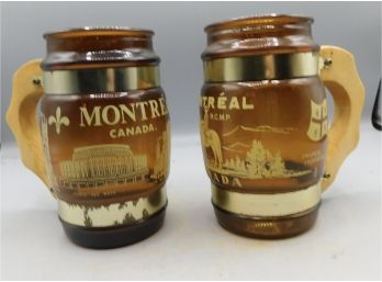 Quality Goods Montreal Pattern Glass Wood Handle Mugs - 2 Total
