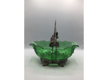 Green Glass Bowl In Metal Holder