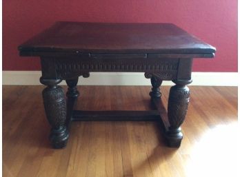Antique Elizabethan Style Solid Oak Draw Leaf Table With Table Pads