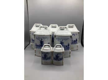 Hand-made Blue Windmill Porcelain Spice Jars/canisters - Set Of 7