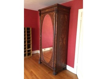 Marquetry Style Solid Wood Wardrobe With Mirrored Door