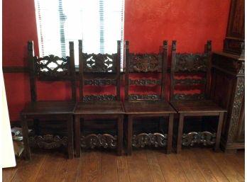 Antique Italian Walnut & Oak Dining Table Chairs - Set Of Four