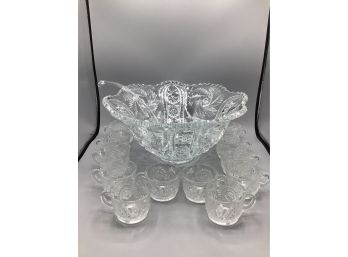 Crystal Punch Bowl With Ladle & 12 Cups