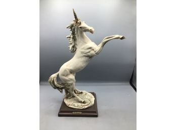 1982 Florence Giorgio Armani Signed Porcelain Unicorn Statue With Wood Base - Made In Italy
